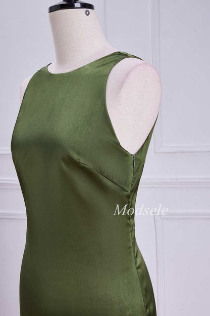 Tie Neck Keyhole Midi Dress in Olive Green