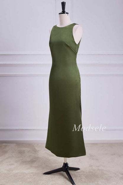 Tie Neck Keyhole Midi Dress in Olive Green