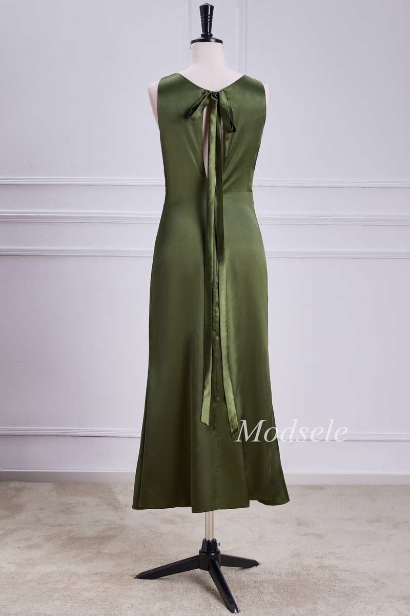 Tie Neck Keyhole Midi Dress in Olive Green