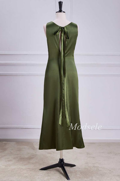 Tie Neck Keyhole Midi Dress in Olive Green
