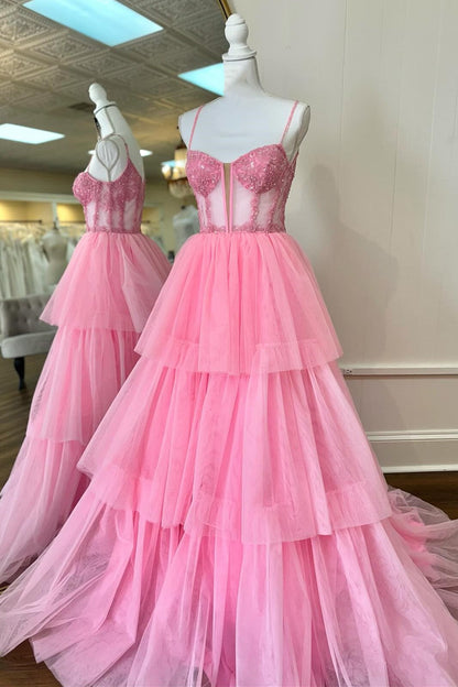 Tiered Ruffle Sequin-Embroidery Corset Long Prom Gown