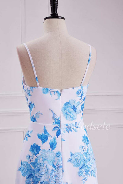 Floral Round Neck High-Low Dress with Spaghetti Straps