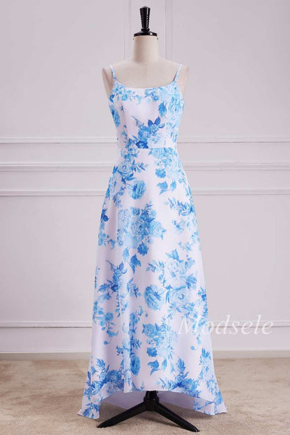 Floral Round Neck High-Low Dress with Spaghetti Straps