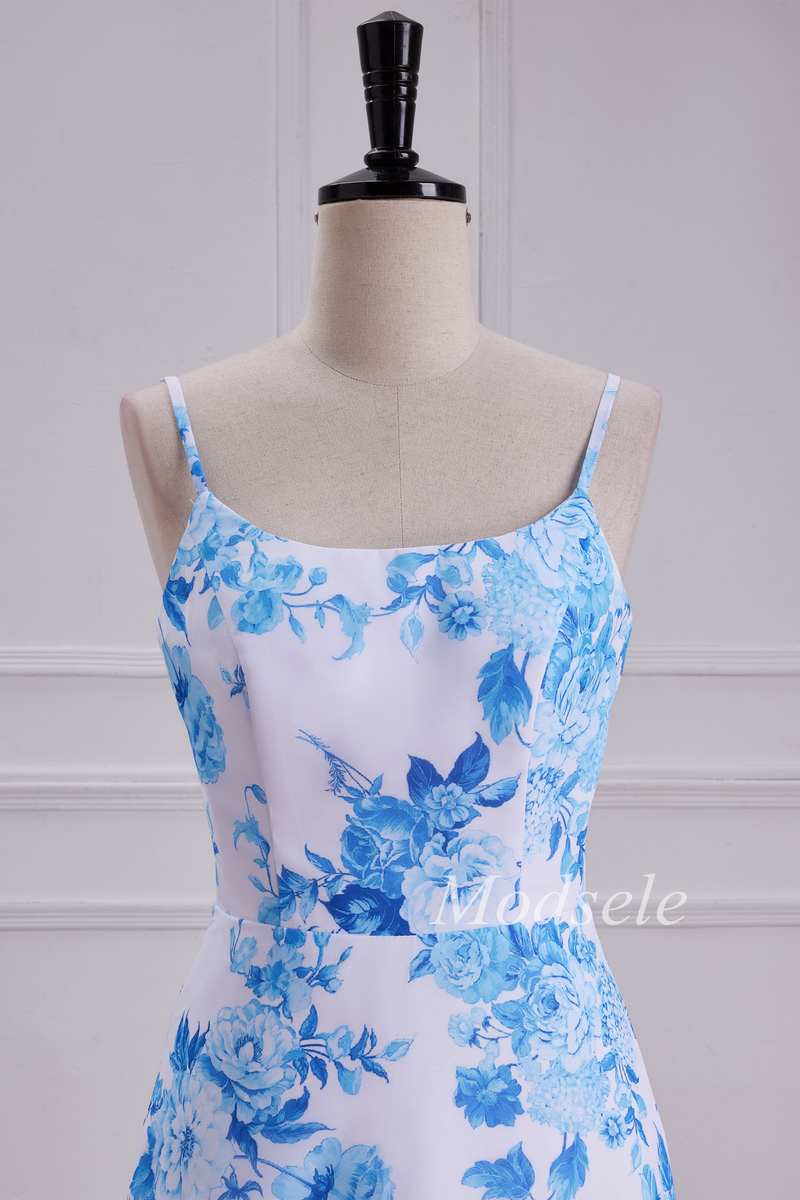 Floral Round Neck High-Low Dress with Spaghetti Straps