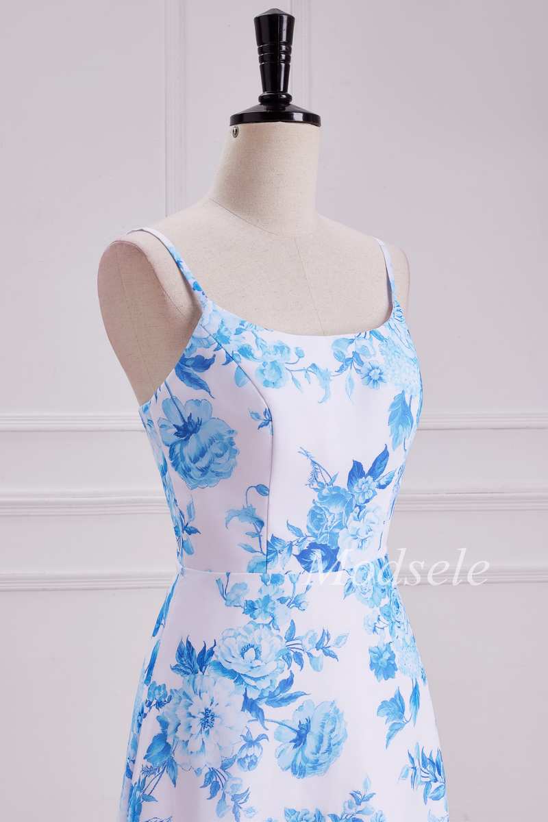 Floral Round Neck High-Low Dress with Spaghetti Straps