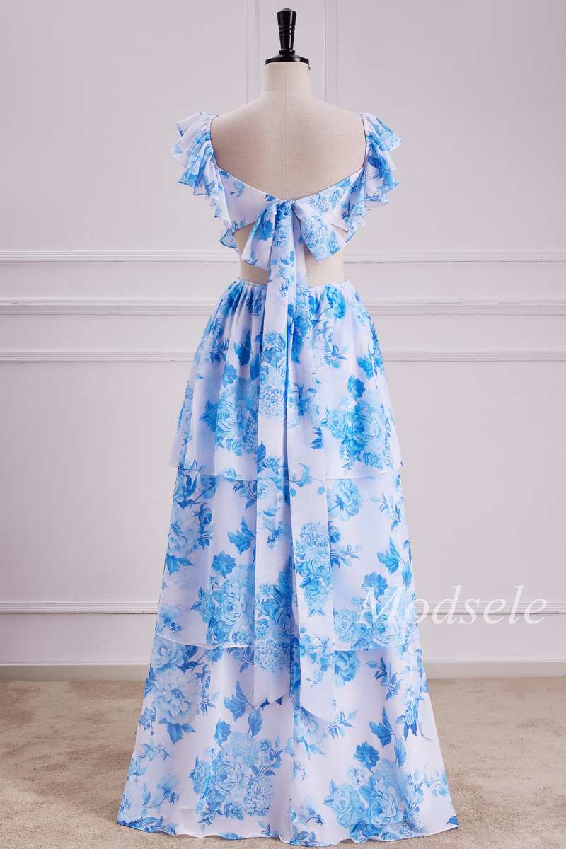 Flutter Sleeve Cutout Tiered Floral Print Maxi Dress
