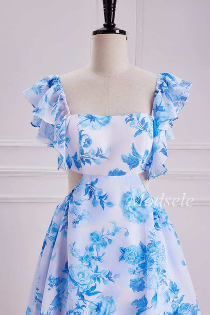 Flutter Sleeve Cutout Tiered Floral Print Maxi Dress