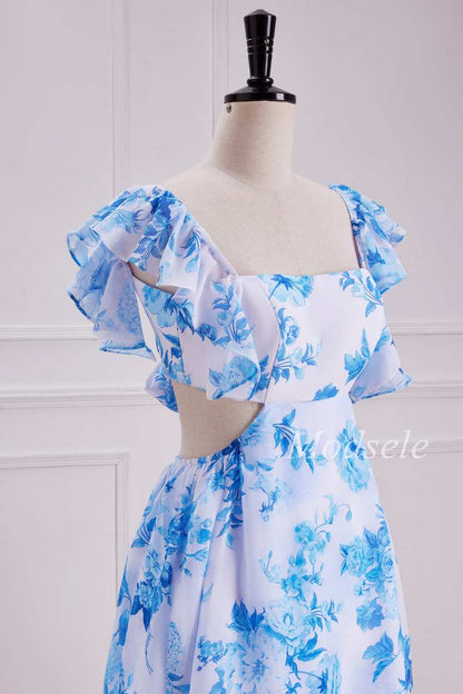 Flutter Sleeve Cutout Tiered Floral Print Maxi Dress