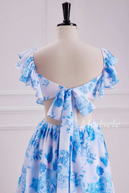 Flutter Sleeve Cutout Tiered Floral Print Maxi Dress