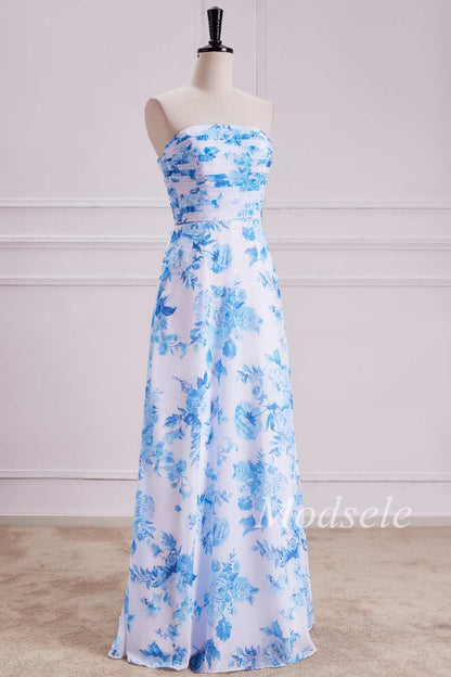 Floral Print Shirred Bodice Strapless Maxi Dress