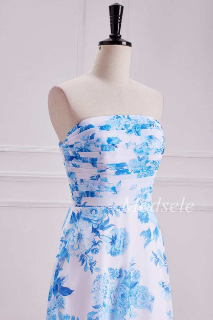 Floral Print Shirred Bodice Strapless Maxi Dress
