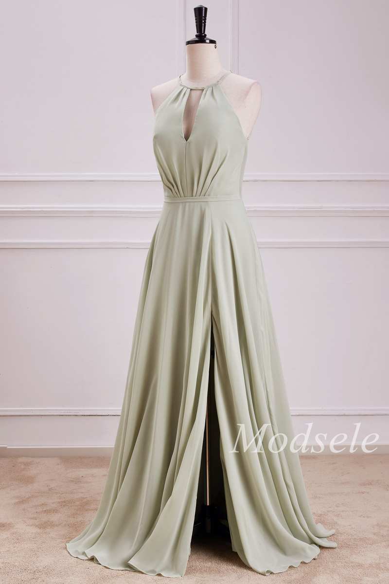 Keyhole Tie-Back A-Line Maxi Dress with Slit