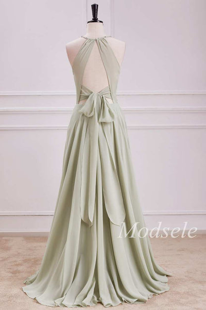 Keyhole Tie-Back A-Line Maxi Dress with Slit