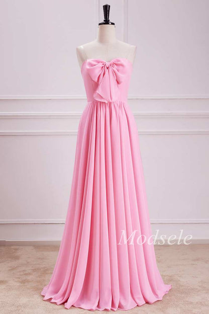 Strapless Bow Front A-Line Chiffon Maxi Dress in Pink