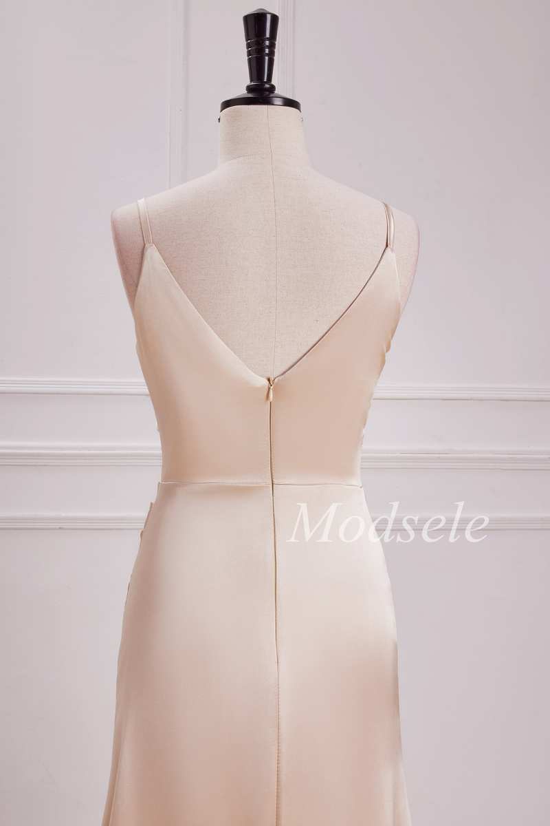 V-Neck Pleated Bodice Maxi Dress in Champagne