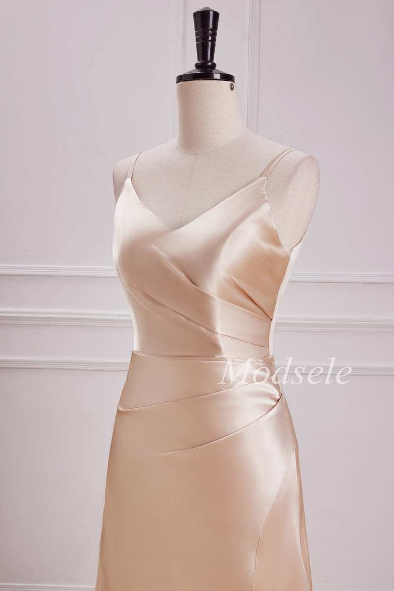 V-Neck Pleated Bodice Maxi Dress in Champagne