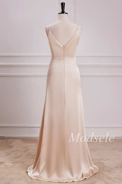V-Neck Pleated Bodice Maxi Dress in Champagne