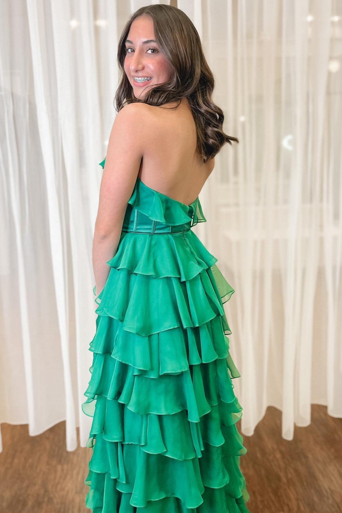Halter Keyhole Ruffle Tiered Prom Dress with Slit
