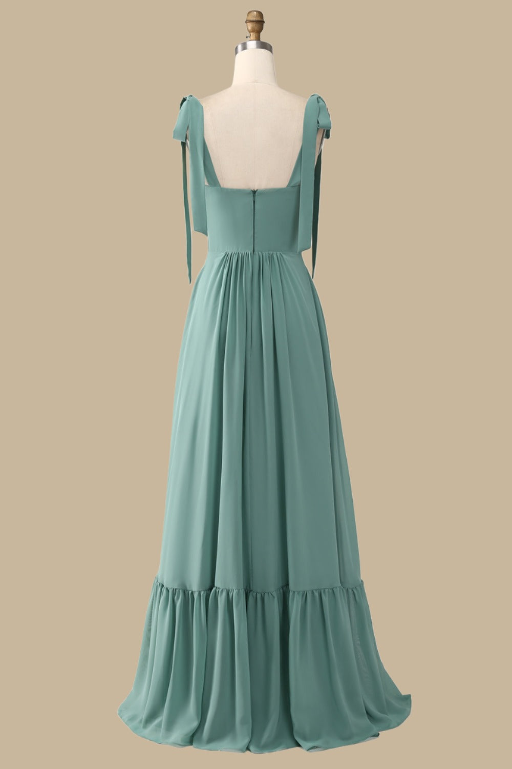 A-Line Green Maxi Dress with Bow Straps