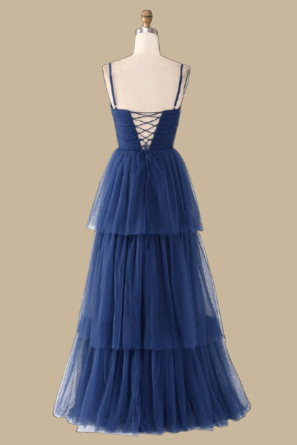 Navy Blue Spaghetti Strap Tiered Maxi Dress with Slit