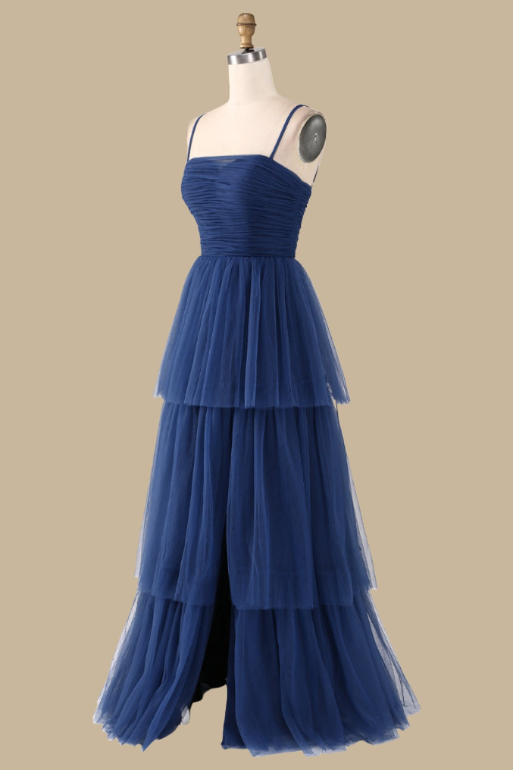 Navy Blue Spaghetti Strap Tiered Maxi Dress with Slit