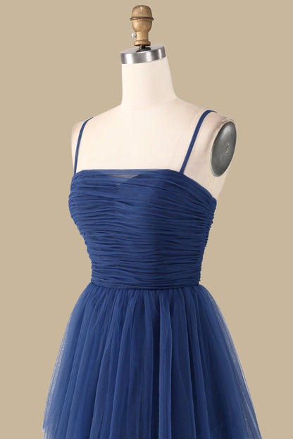 Navy Blue Spaghetti Strap Tiered Maxi Dress with Slit