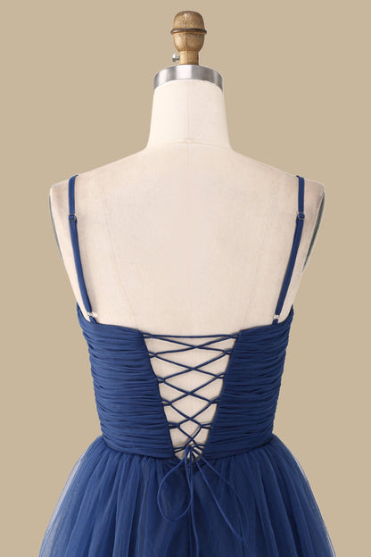 Navy Blue Spaghetti Strap Tiered Maxi Dress with Slit