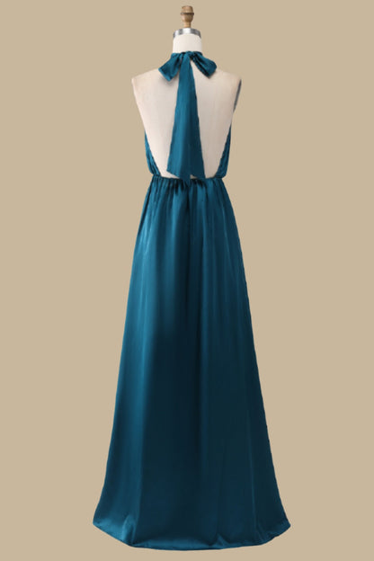 Turquoise Halter Blouson-Style Maxi Dress with Slit