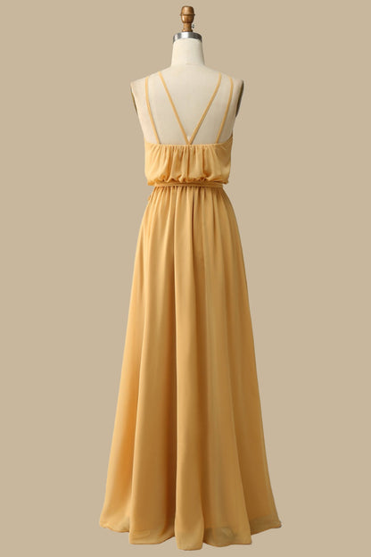 Blouson-Style Halter Chiffon Maxi Dress in Mustard Yellow
