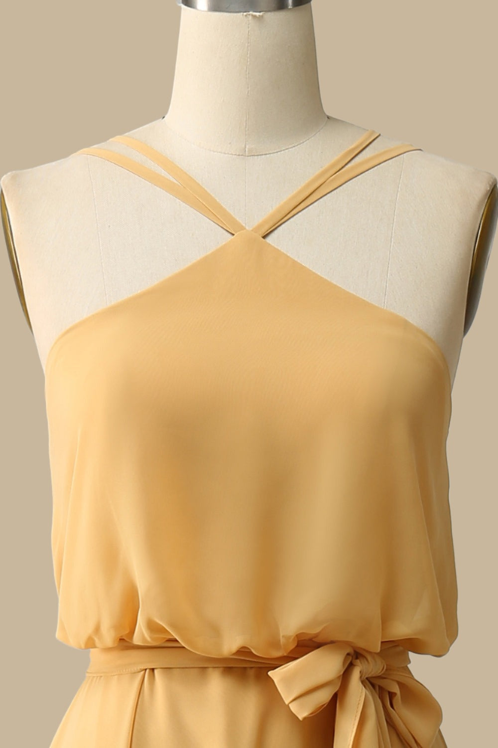 Blouson-Style Halter Chiffon Maxi Dress in Mustard Yellow