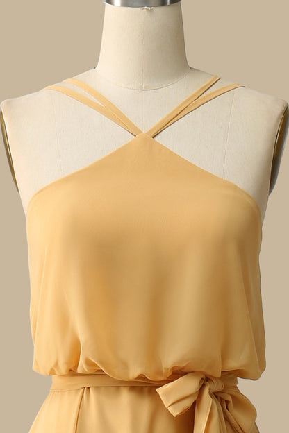 Blouson-Style Halter Chiffon Maxi Dress in Mustard Yellow