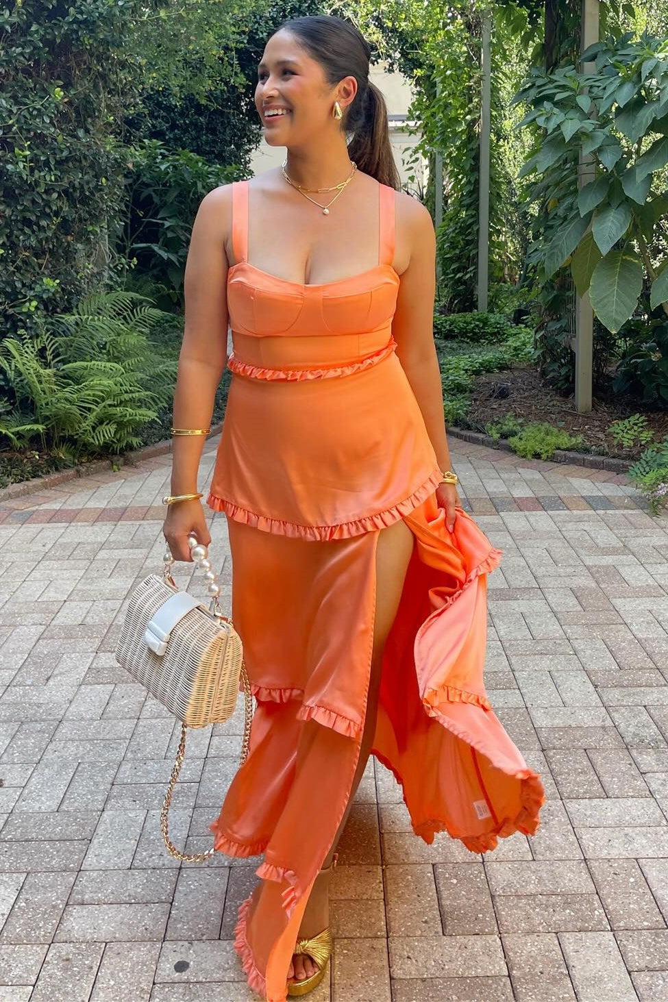 Pink Scoop Neck Lace-Up Ruffle Tiered Maxi Dress with Slit