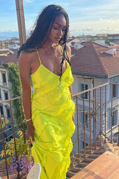 Lime Green V-Neck Spaghetti Strap Ruffle Maxi Dress