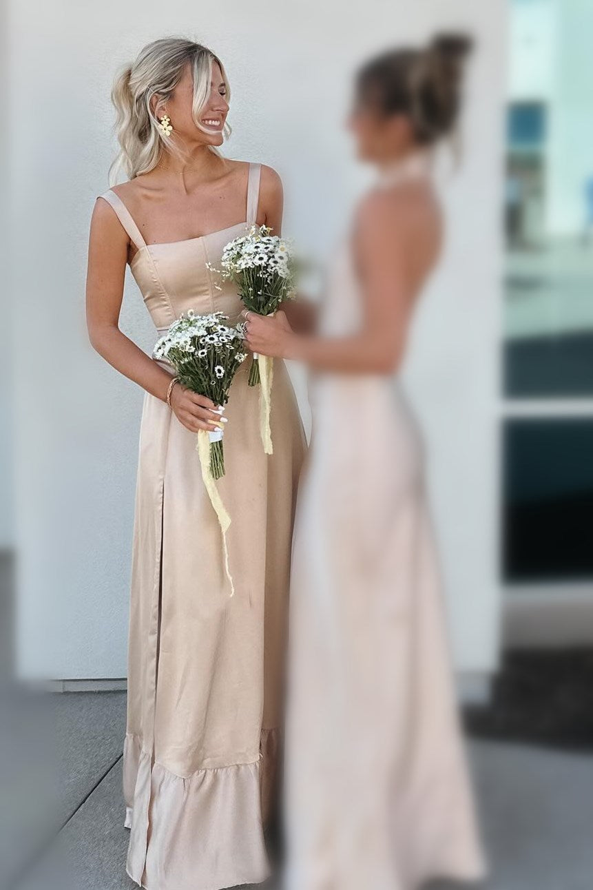 Champagne Lace-Up A-Line Maxi Dress with Slit
