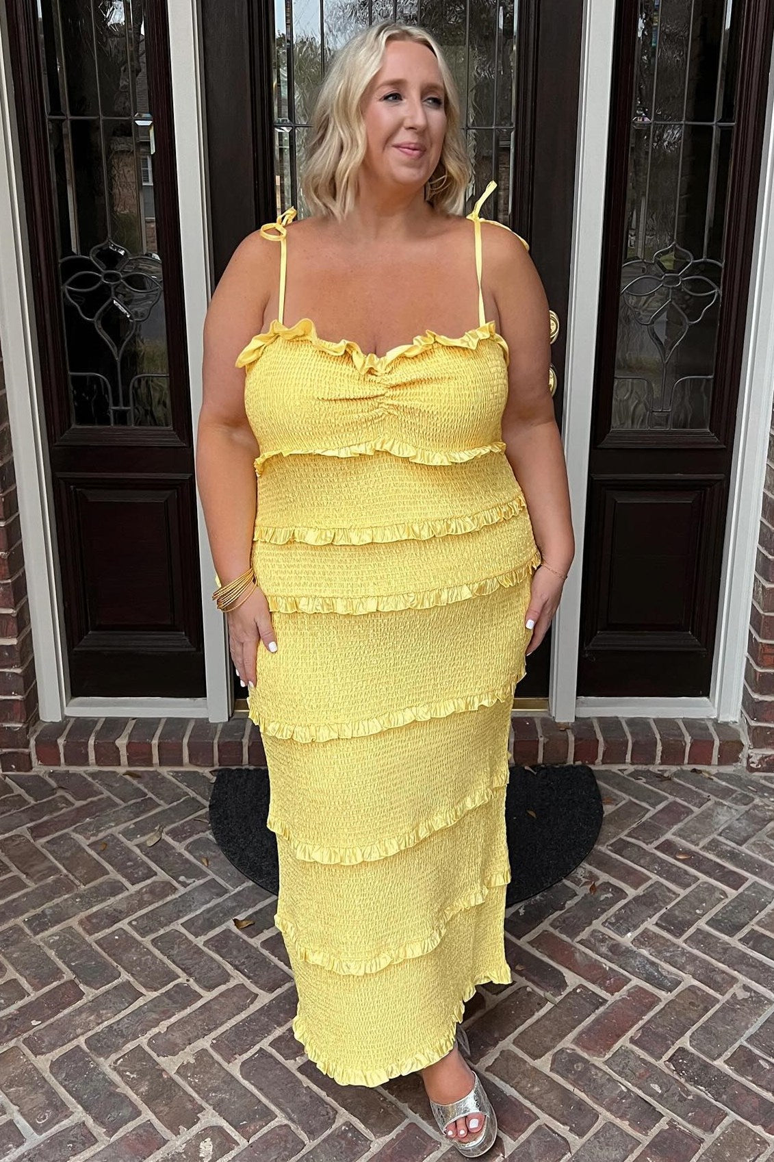Spaghetti Strap Ruffle Smoked Midi Dress in Yellow