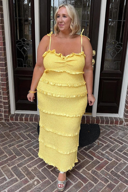 Spaghetti Strap Ruffle Smoked Midi Dress in Yellow
