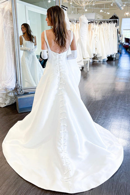White Square Neck A-Line Wedding Dress with Bows