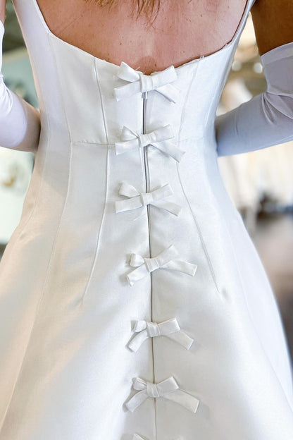 White Square Neck A-Line Wedding Dress with Bows