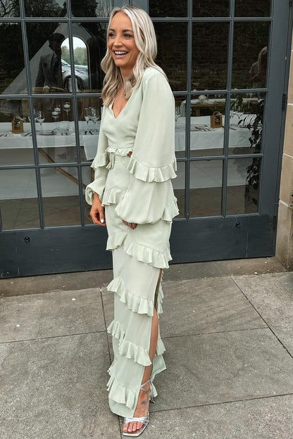 Sage Green V-Neck Ruffle Maxi Dress with Balloon Sleeves