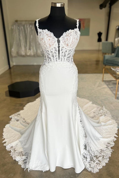 White Appliques Corset Backless Mermaid Long Wedding Dress