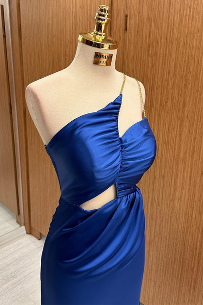Royal Blue Satin Asymmetrical Cutout Maxi Dress