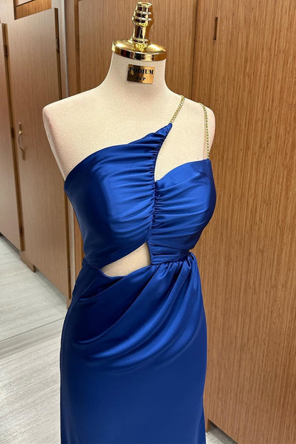 Royal Blue Satin Asymmetrical Cutout Maxi Dress