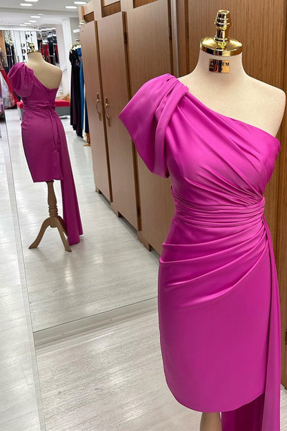 Fuchsia One-Shoulder Ruched Midi Dress with Attached Train