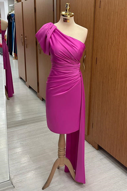 Fuchsia One-Shoulder Ruched Midi Dress with Attached Train