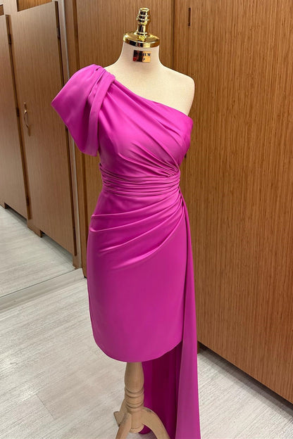 Fuchsia One-Shoulder Ruched Midi Dress with Attached Train