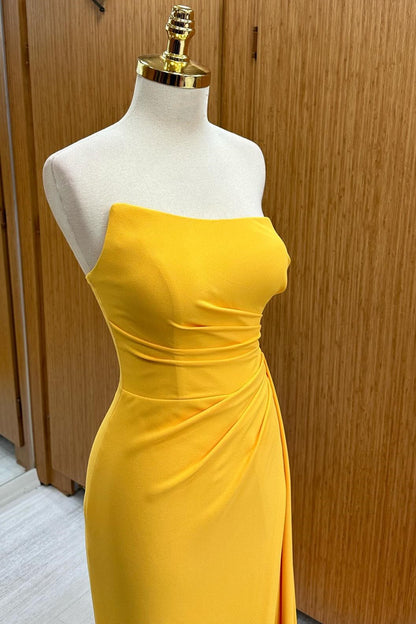 Strapless Ruched Bridesmaid Dress with Slit and Attached Train