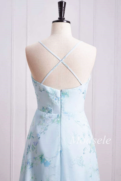 Floral Print Cowl Neck Cross-Back Chiffon Bridesmaid Dress
