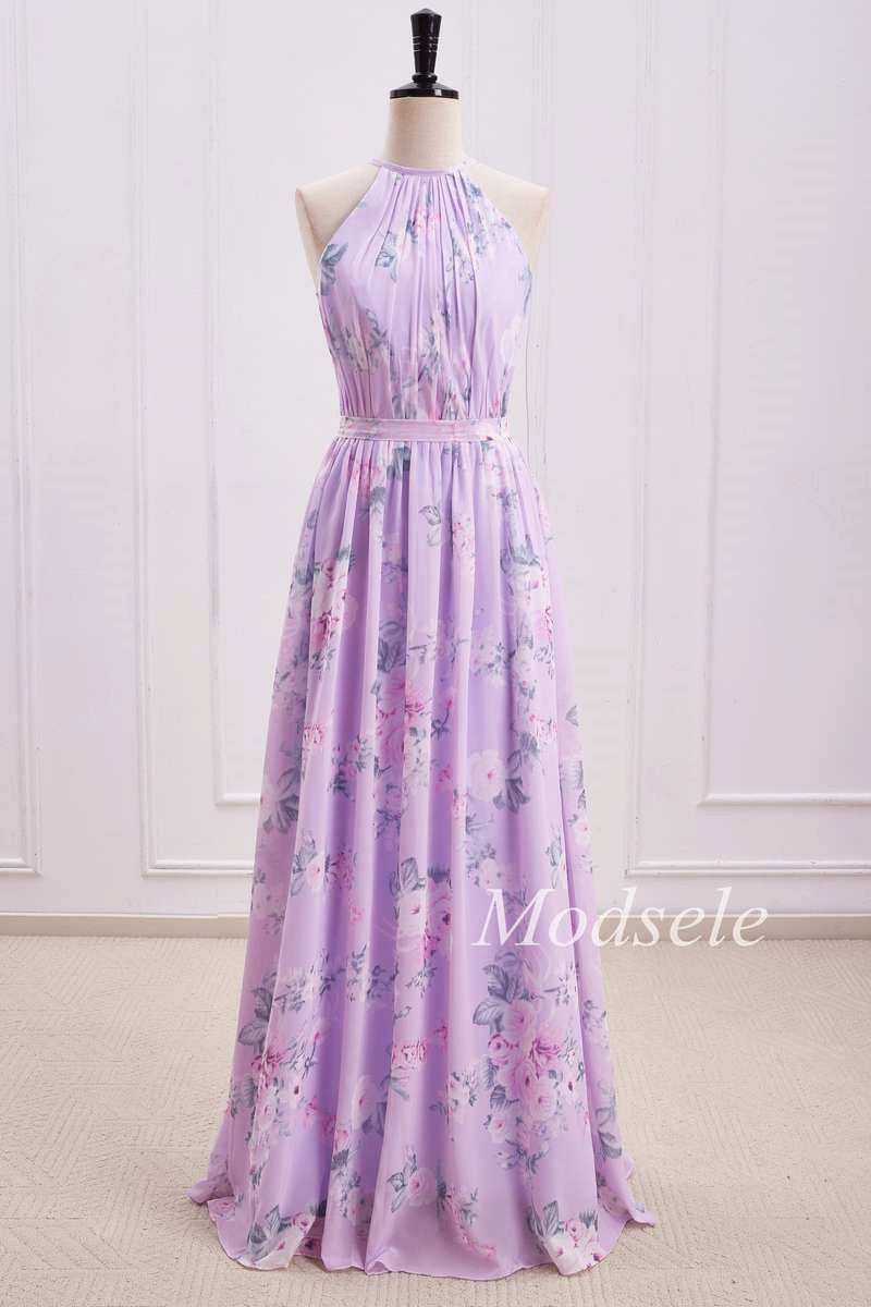 Purple Floral Print Halter Long Bridesmaid Dress