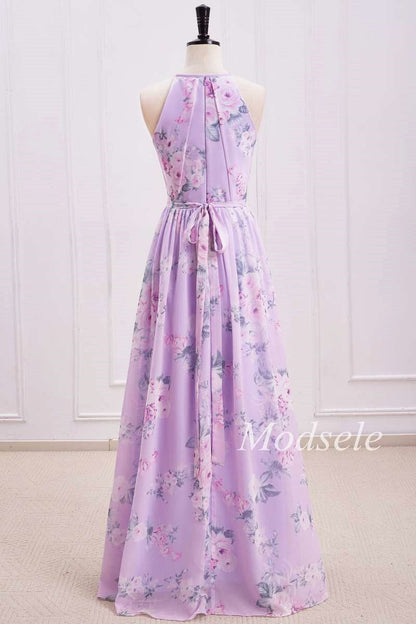 Purple Floral Print Halter Long Bridesmaid Dress