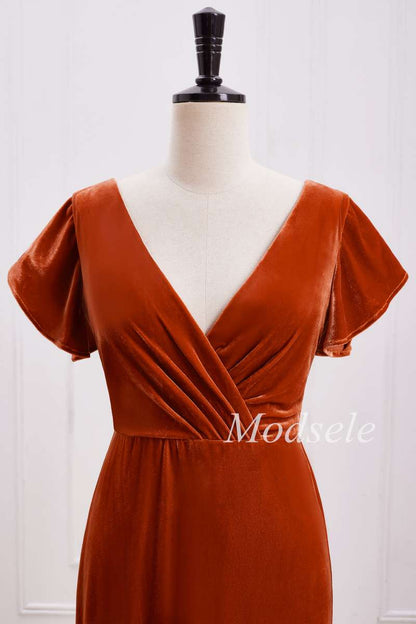 Rust Orange Velvet Surplice Backless Bridesmaid Dress